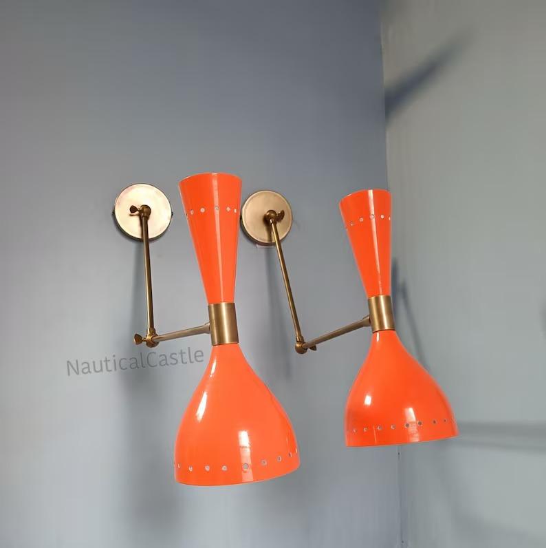 Orange Diabolo Wall Sconce Pair: Mid-Century Italian Brass Reading Lamps