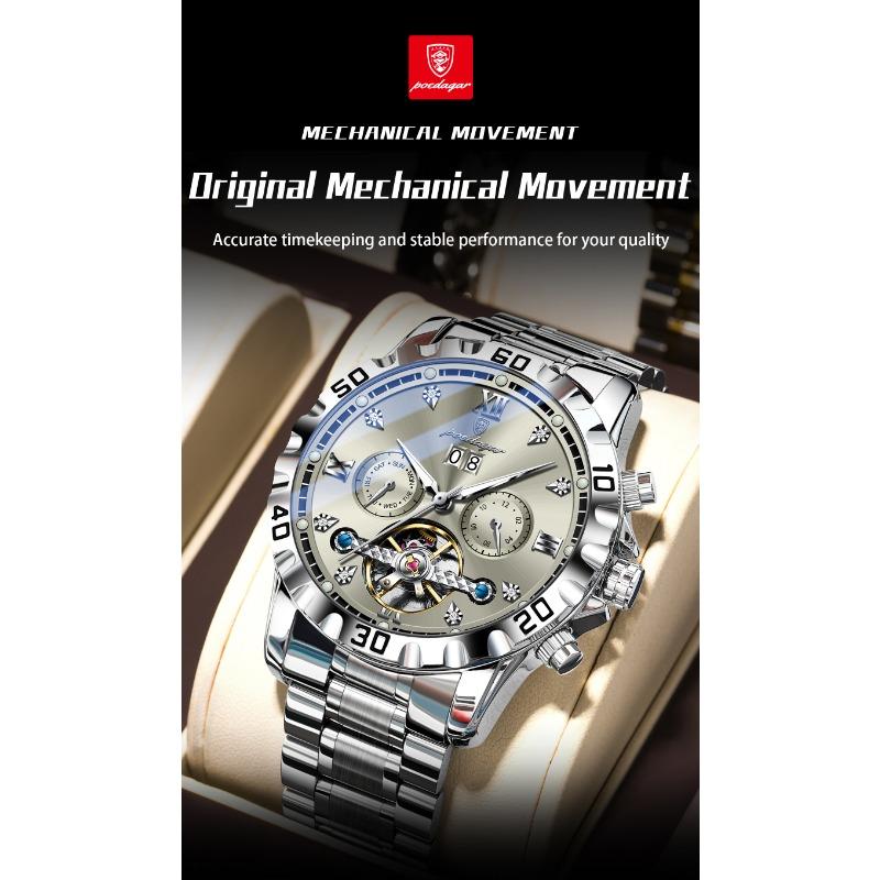 POEDAGAR Top Luxury Men Watch Automatic Date Week Man Wristwatch Hollow Tourbillon Mechanical Stainless Steel Watches