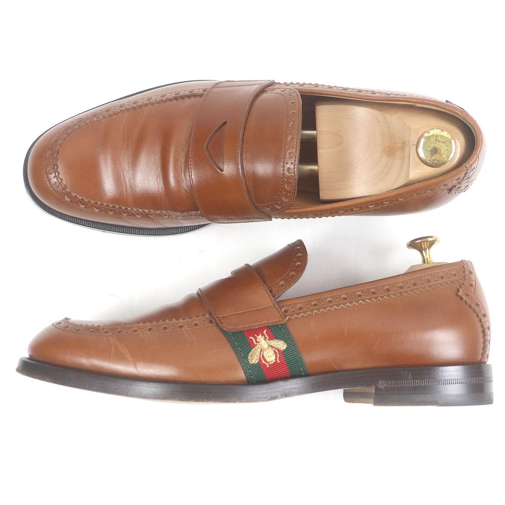 Gucci Loafers Bee Embroidered Web Line Penny Loafers Brown Leather Mens 9 450990 Used