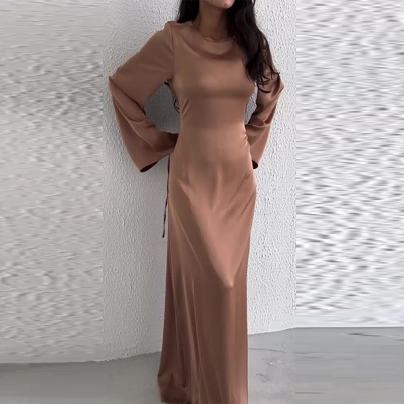 Women's White Tie-Up Long Sleeve Dress - Autumn/Winter, Elegant Chinese Style, Casual with Waist-Cinching Fit