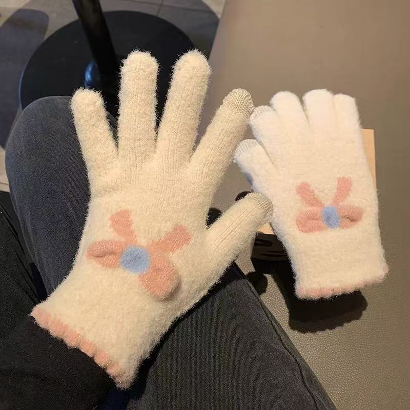 Knitted Touch Screen Gloves for Women To Keep Warm in Winter Thickened and Fleece Five Finger Outdoor Cycling Two Finger Korean Style Gloves