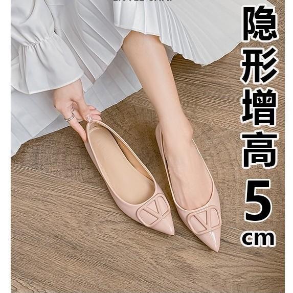 Sheepskin version inner height increase 5cm leather temperament pointed square buckle single shoes French nude celebrity style with skirt women's shoe