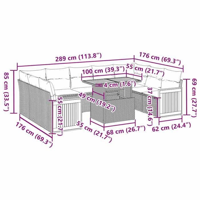 VidaXL Salon de jardin avec coussins 10 pcs gris résine tressée acacia, ensemble de canapés d'extérieur, salon de jardin, 3327757