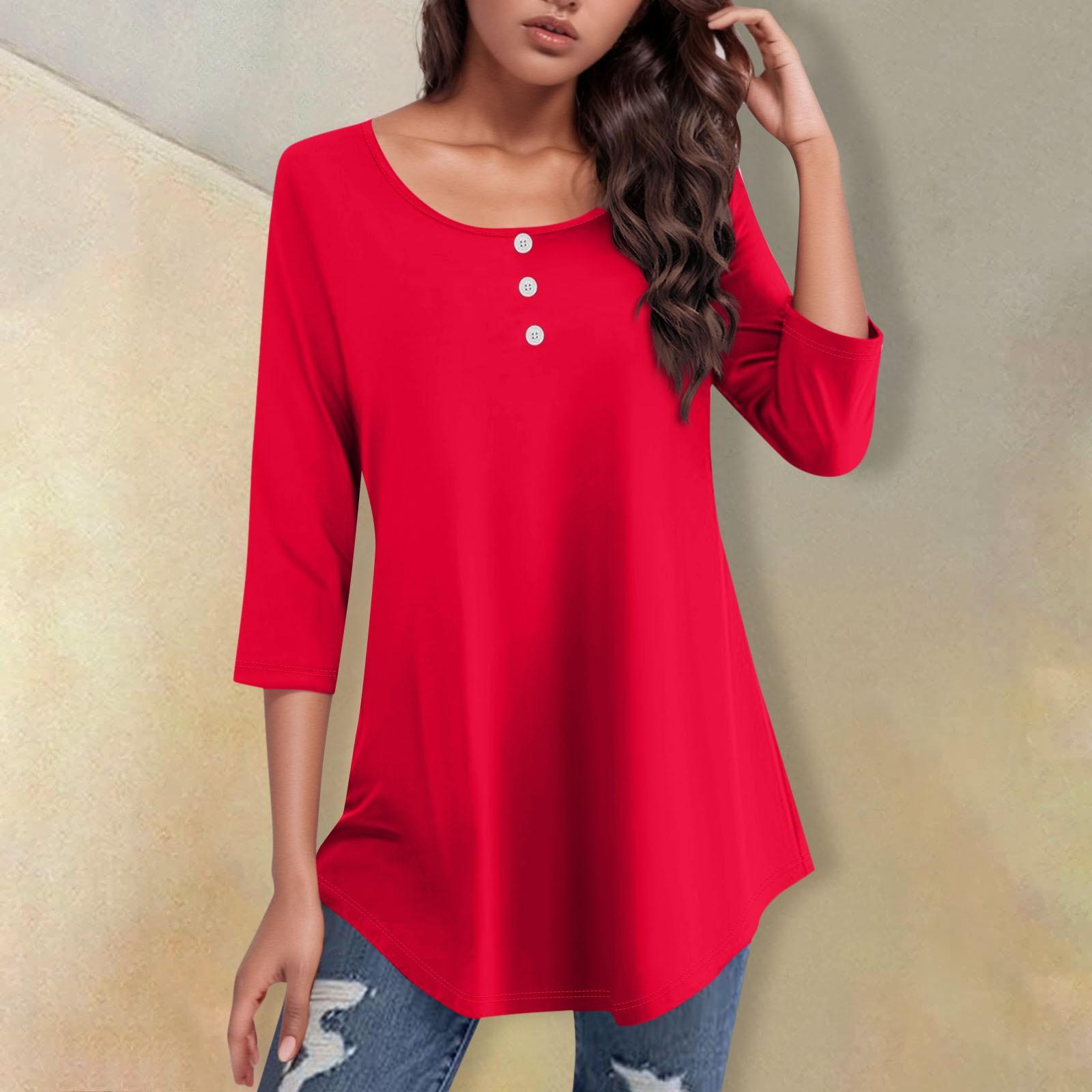 

Рубашки с рукавом 3/4 для женщин, однотонная повседневная футболка с круглым вырезом и пуговицами, топ с изогнутым краем XL красный