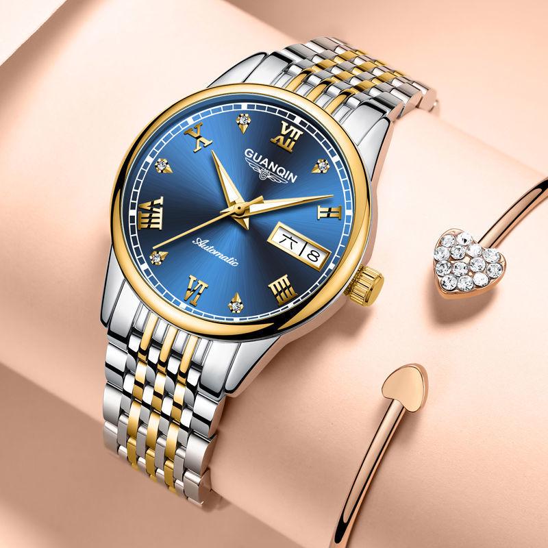 Montre Minimaliste pour Femme avec Strass Suisses, Étanche, Double Calendrier, Cadran Lumineux et Bracelet en Acier.