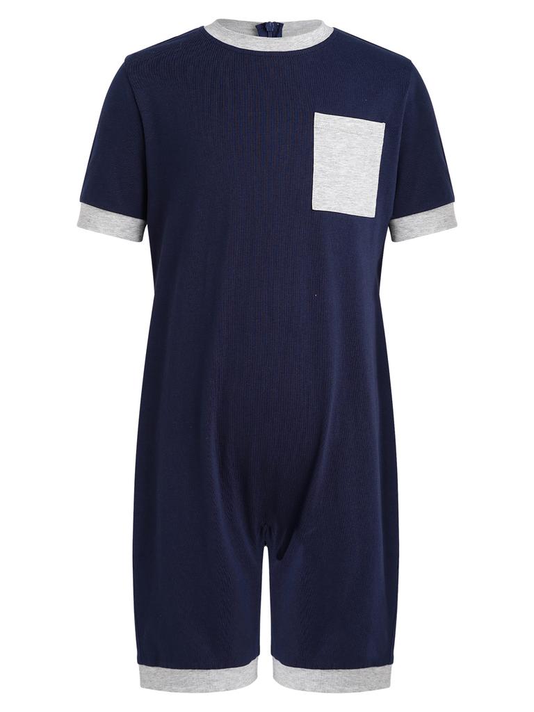 3Pcs Adaptive Anti-Strip Jumpsuit for Kids Back Invisible Zipper Round Neck Short Sleeve Contrast Color Thigh Length with Pocket