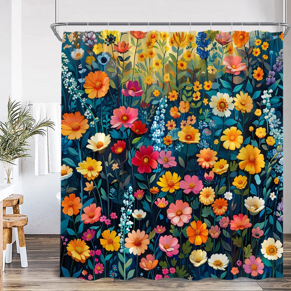 Colorful Boho Floral Shower Curtain Oil Painting Flowers Green Leaf Plant Spring Bathroom Decor Retro Polyester Bathtub Curtain