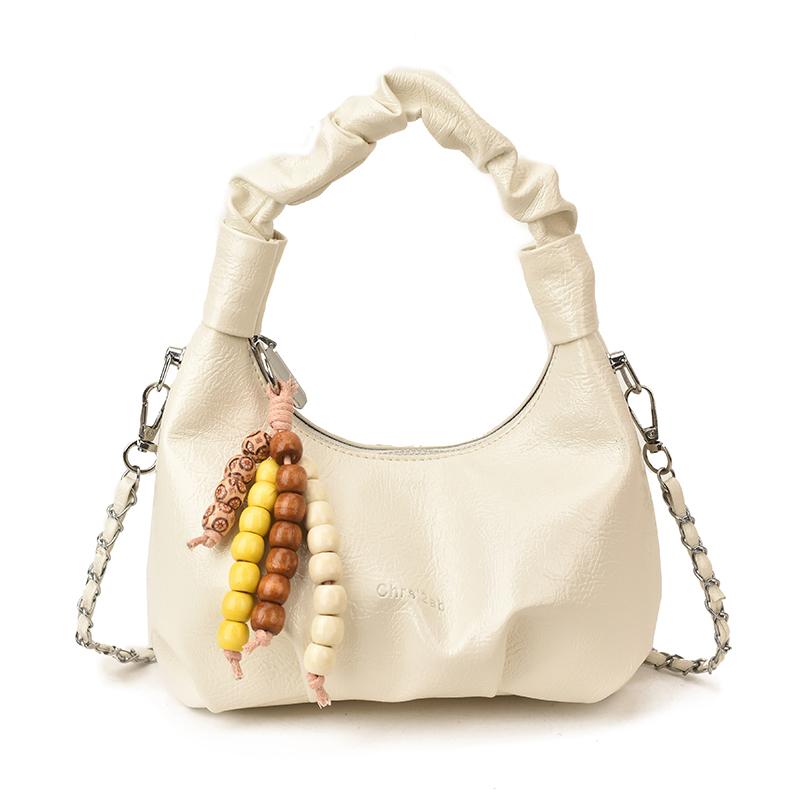 

Y2K Fashi Ruched Handle Hobo Bag for Women, Shiny Leather Mini Shoulder Bag with Beaded Chain, Casual Party Crossbody Handbag бежевый