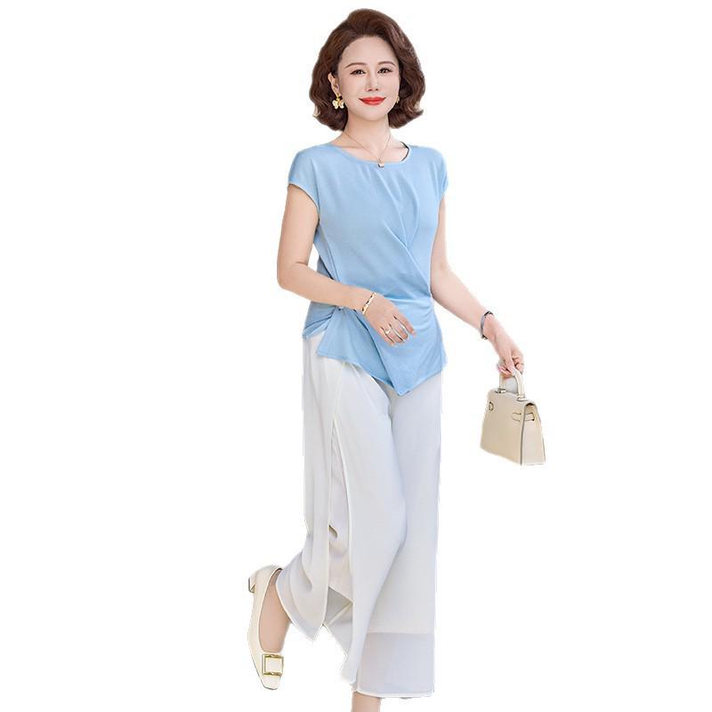 Summer Fashion Two-Piece Set: Stylish Wide-Leg Pants & Top for Middle-Aged Women