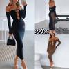 Moda feminina malha de manga comprida oco para fora o busto sexy pacote de emenda vestido quadril