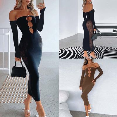 Women's Fashion Mesh Long-Sleeved Hollow Out The Bust Sexy Splicing Package Hip Dress