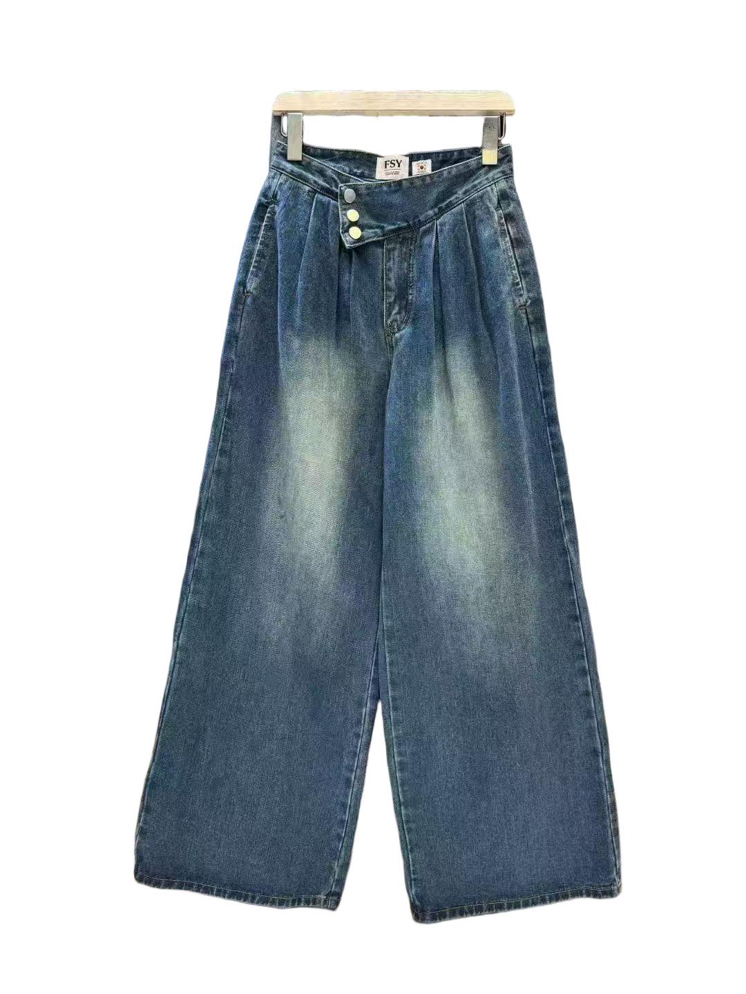 Fansi Yu Retro Cement Gray High-Waist Jeans: Women s Autumn Slimming Straight Leg and Wide Drape Pants M (100-110 jin)