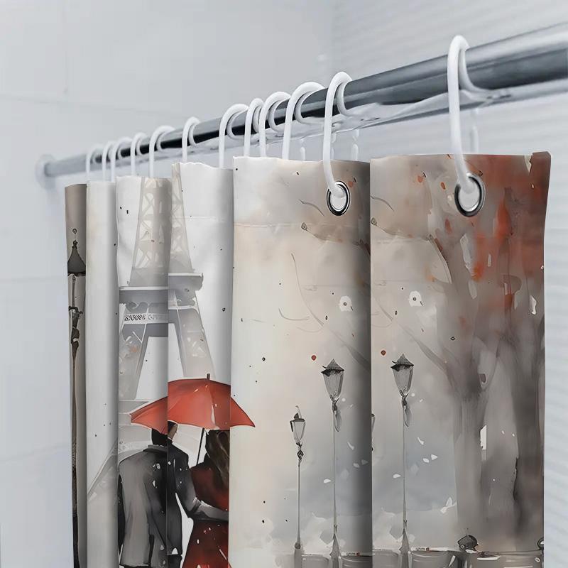 Romantic Paris Eiffel Tower Couple Under Red Umbrella Waterproof Shower Curtain For Bathroom Decor Waterproof Polyester