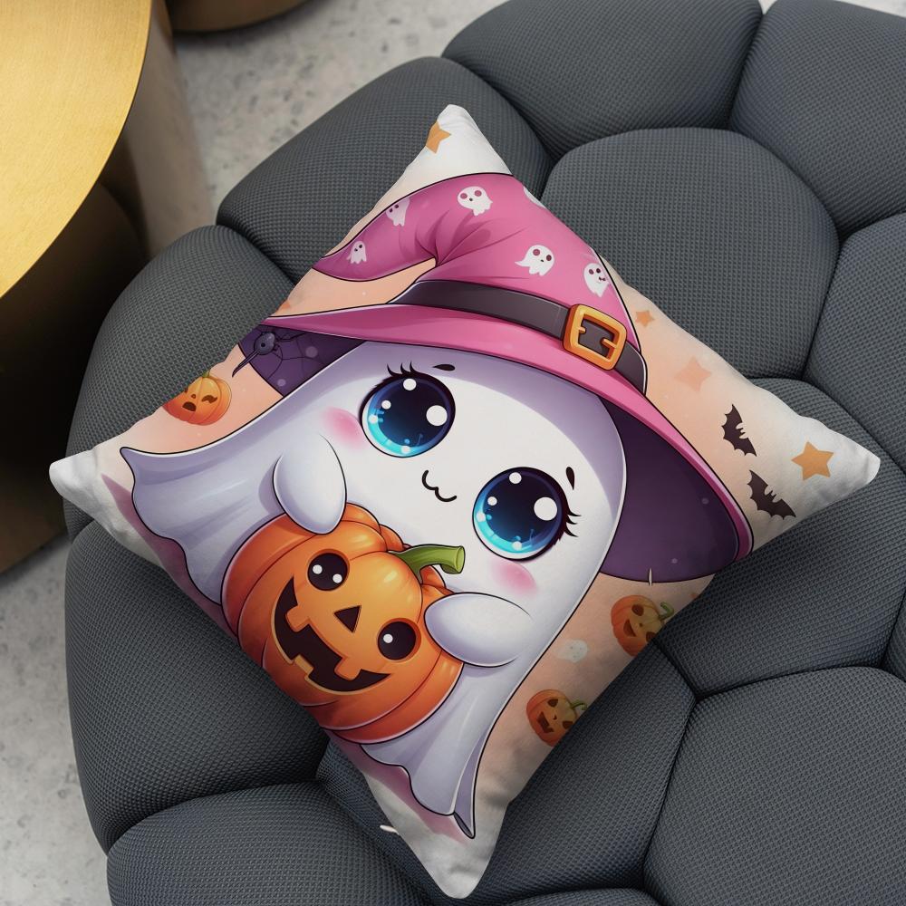 Cute Ghost with Pumpkin Cushion Cover Reversible Plush Pillow Cover – For car, sofa, bedroom, perfect as a gift.