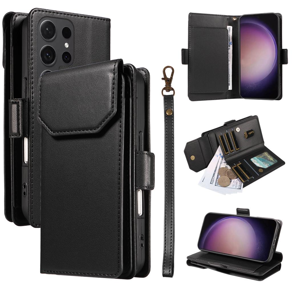 For Samsung Galaxy S24 Ultra Case with Multi-Card Holder and Strap PU Leather Phone Cover Stand