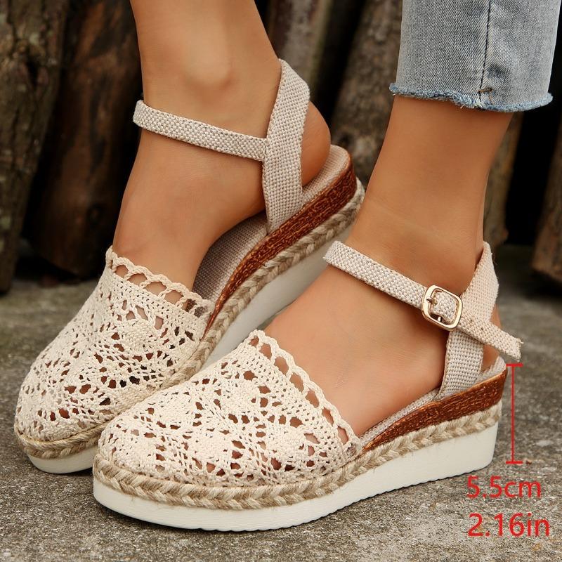 Large Size Wedge Sandals Summer New Bag Head Woven Hollow One-word Buckle Women's Sandals