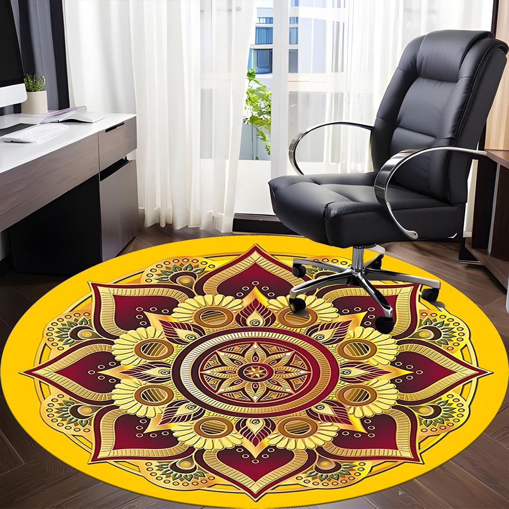 1pc Golden Mandala Pattern Chair Carpet for Office, Round Polyester Mat, Indoor Decor for Office, Easycare Fabric, Washable Non-slip Area Carpet