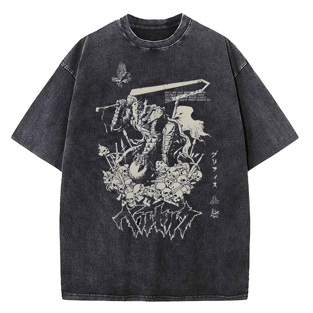 

Мужская футболка с принтом Berserk, винтажная выстиранная футболка, аниме футболка с графикой Гатса, хип-хоп, уличная одежда, повседневная одежда Berserk 3XL