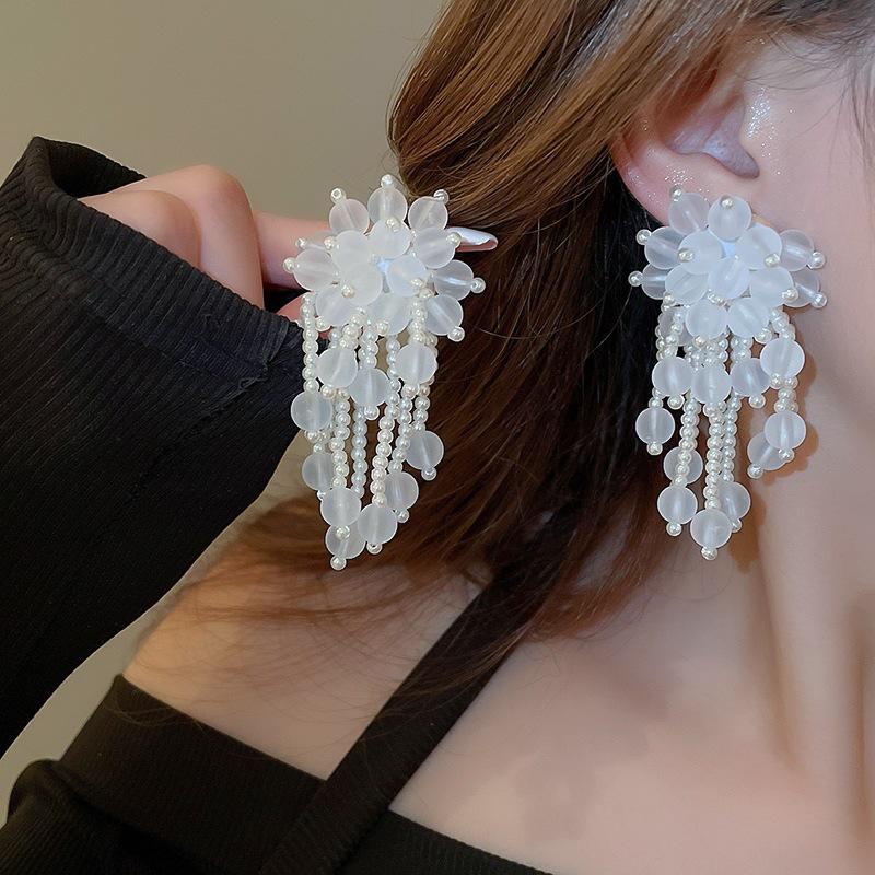 Silver Needle Acrylic Bead Tassel Earrings - Fashionable High-End Stud Earrings for Women