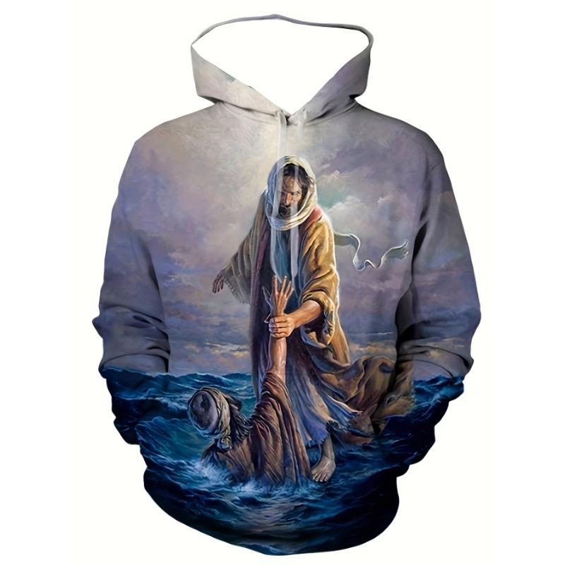 Man Hoodie Jesus Print Sweatshirts Long Sleeve Fall Spring Hoodies Casual Pullover Outdoor Oversized Tops Childs Men's Clothing
