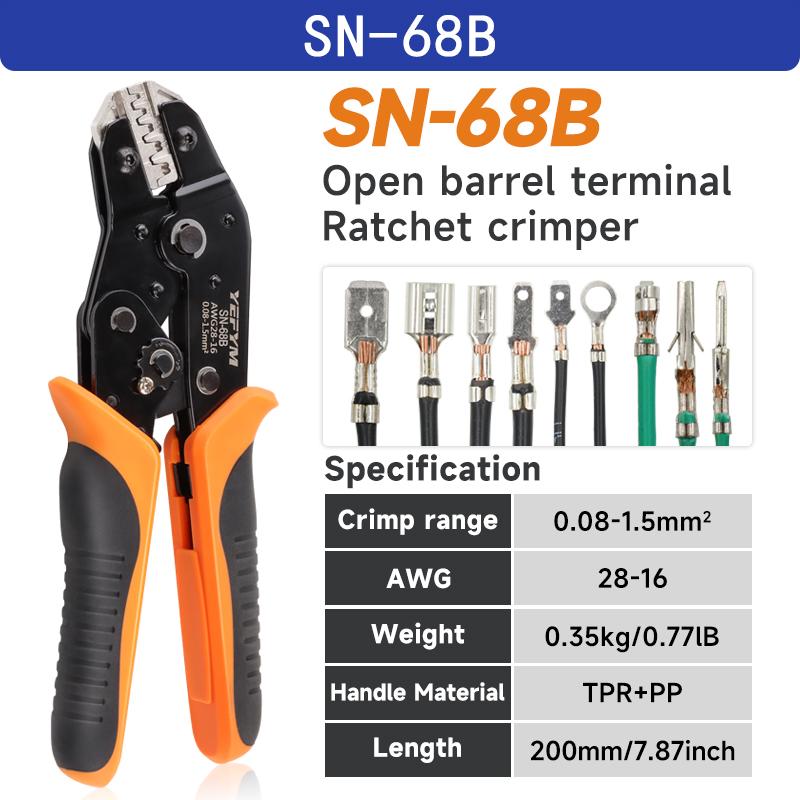 

Клещи для обжима лепестковых наконечников, 28-16AWG (0,08-1,5 мм²) для разъемов 2,54 мм/3,96 мм/KF2510/2,8 мм/4,8 мм/6,3 мм, SN-68B