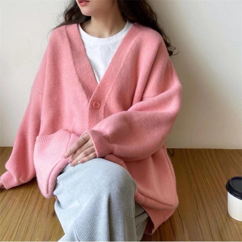 Spring, Autumn and Winter New Candy Color Solid Color Age-reducing Soft Waxy Knitted Sweater Women's Fashion Lazy Wind Knitted Cardigan