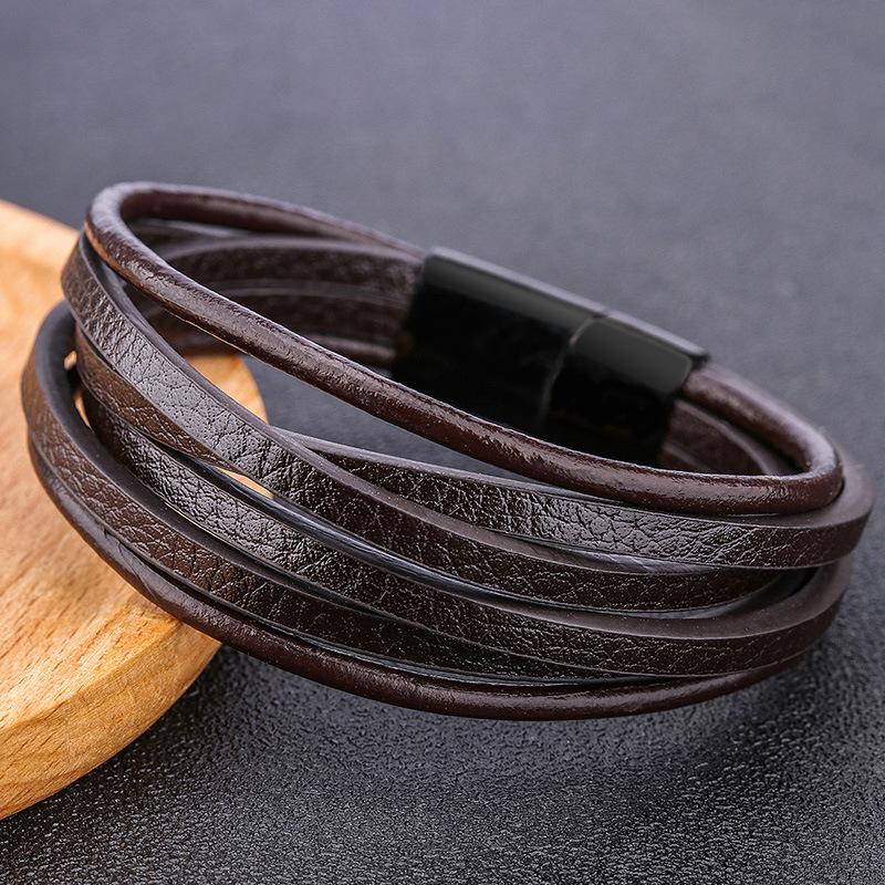Men's Leather Bracelet Magnetic-Clasp Cowhide Braided Multi-Layer Wrap Bangle Stylish Accessory for Men