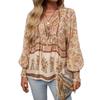 Spring/Summer 2025 Bohemian V-Neck Tie Long Sleeve Print Top for Women.