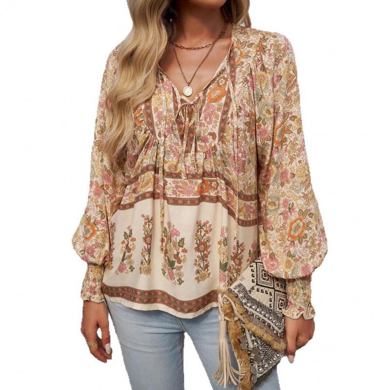 Spring/Summer 2025 Bohemian V-Neck Tie Long Sleeve Print Top for Women.