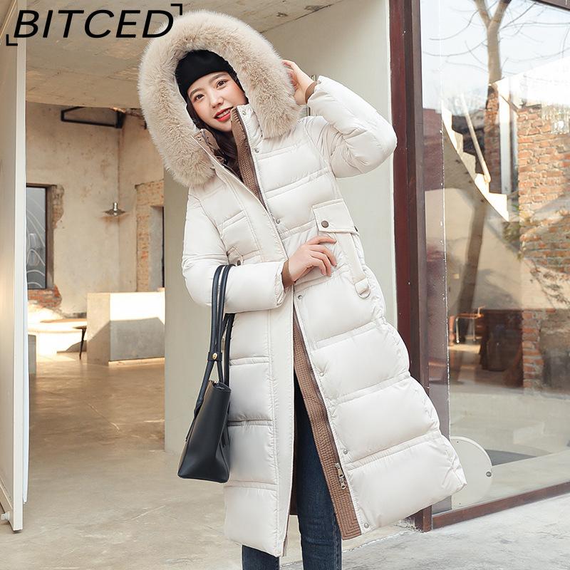 BITCED Winter Down-Filled Cotton Coat for Women - Long Style, Knee-Length, Oversized Fur Collar, Slim-Fit, Belted Design, Cotton
