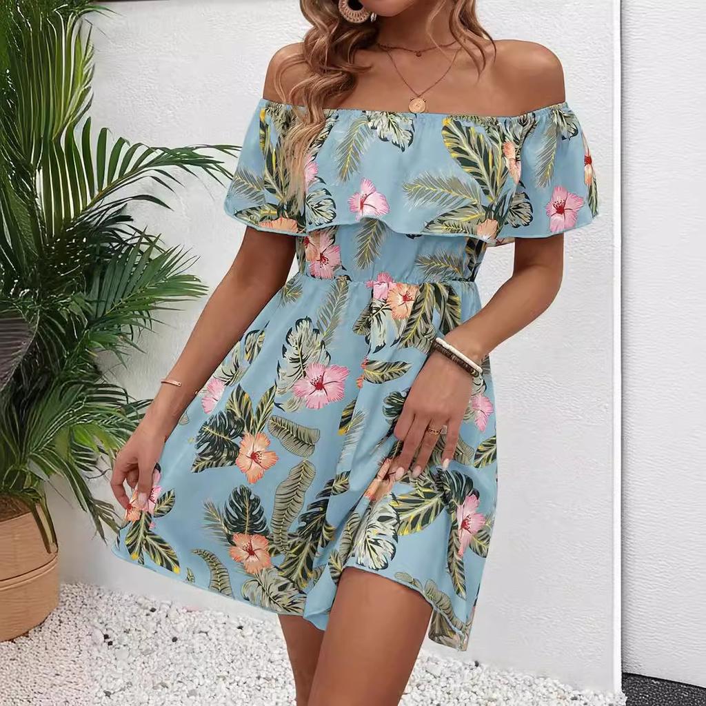 Summer Elegant Women Print Off Shoulder One Shoulder Ruffle Hem Dress A Line Style Mature Style French Retro Slim Sexy Elegant Women Maxi Dress