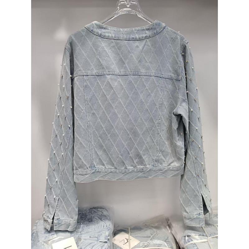 2025 Spring/Fall Beaded Slim Denim Jacket with Diamond Quilting