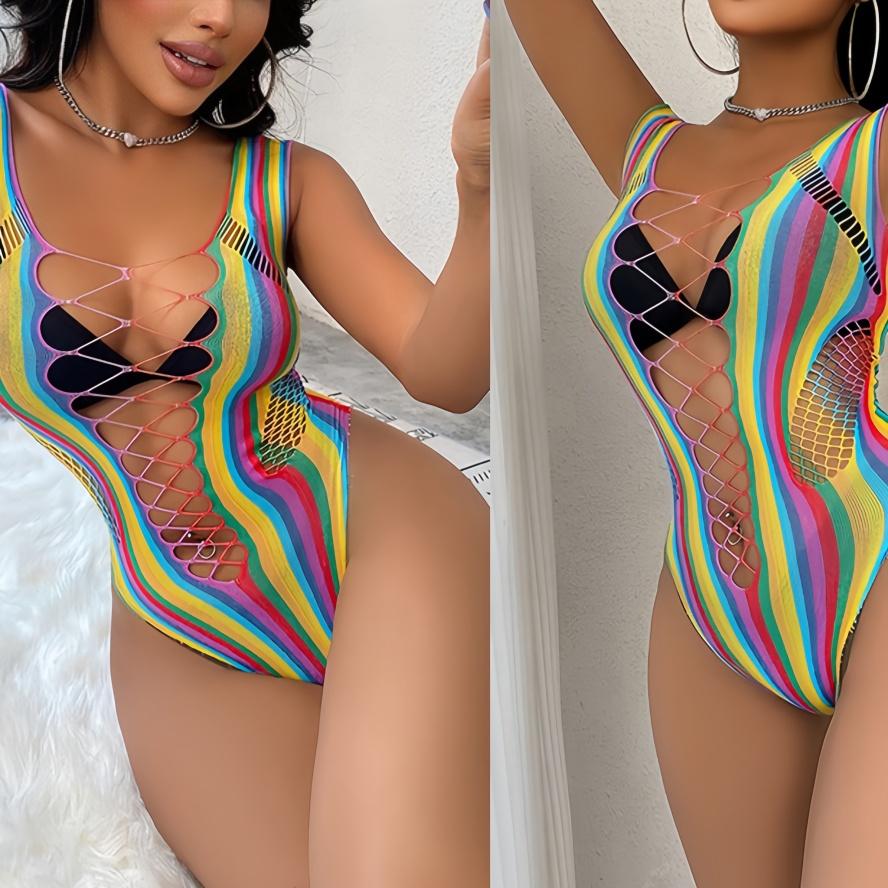 Colorful Stripes Women Transparent Lace Bodysuit Sexy Lingerie Sleepwear Lace Floral See-through Teddies Catsuit Erotic Adult Female Sex Game Costume