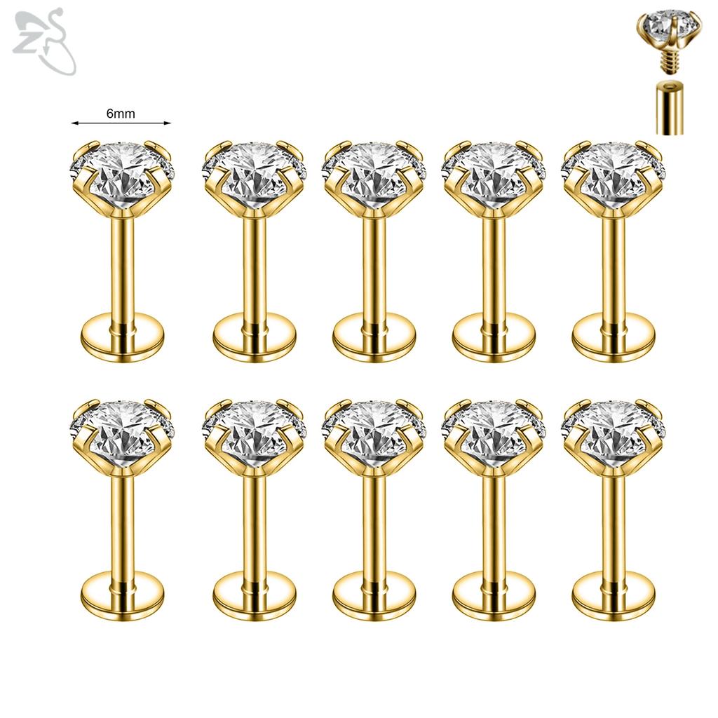 AOEDEJ 10Pcs/Lot Gold Color 16/18G Stainless Steel Labret Lip Stud Set 2/3/4/5/6MM CZ Crystal Helix Cartilage Tragus Piercings