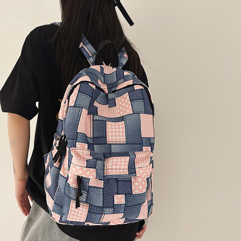 Student Schoolbag Contrast Color Women's Denim Backpack Large Capacity Backpack
