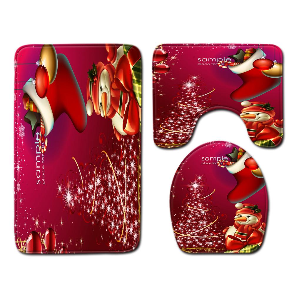 Christmas Shower Curtain Floor Mat Combination Four-Piece Set Bathroom Toilet Carpet Shower Room Mat Foot Mat