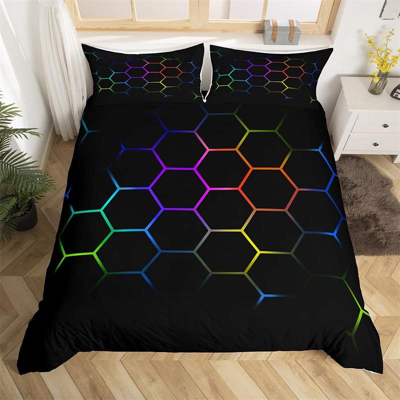 Boys Cartoon Honeycomb Duvet Cover Geometry Hexagon Bedding Set Twin King Polyester Colorful Grid Art Neon Decor Comforter Cover