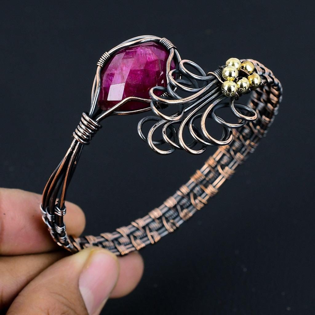 Ruby Bangle 999 Copper Wire Wrapped Cuff Bracelet, Adjustable Bangle Gemstone Jewelry, Gift For Mom Handmade Brand, New Jewelry