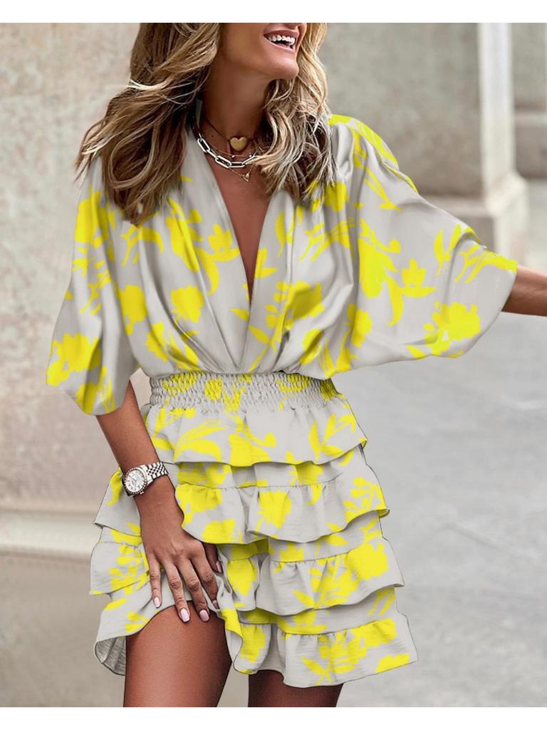V Neck Print Flower Dress Waist Hugging  Elegant Pleated Dress for Women Short Sleeve Loose Dresses Causal Dress
