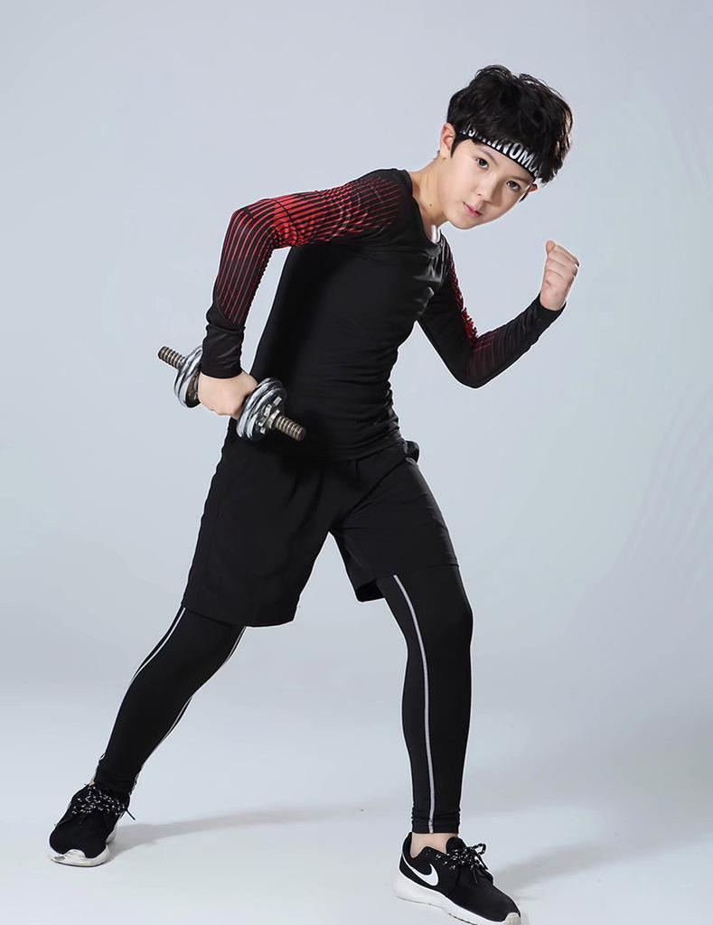 Drie delige compressie fitness set voor Heren, Dames & Kinderen - Sneldrogend: Top met lange mouwen, Legging en Hardloopkleding.