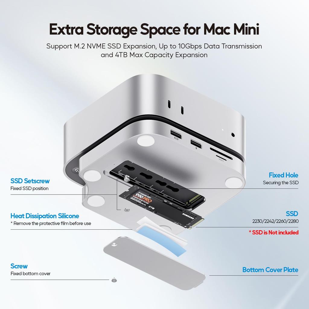 Hub USB C 9 în 1 PULWTOP pentru Mac Mini M4 Pro 2024 Accesorii pentru Expansiunea Capacității cu SSD PCIe 1 x HDMI 4K 3 x 1 x Audio 1 x la 1 x Slot pentru Card nu M4/