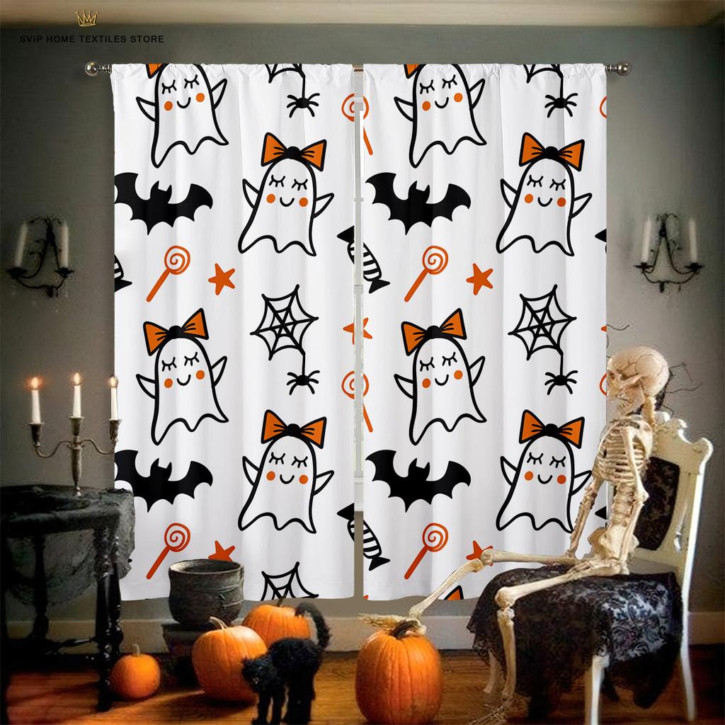 Blackout Insulation Curtains, Cartoon Print, Halloween, Pumpkin, Castle, Bedroom, Restaurant, Holiday Party, Decorative Curtain