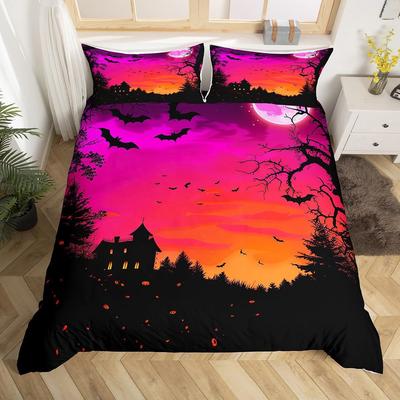 Lila Himmel Fledermäuse Fliegen 3D-gedrucktes Bettwäscheset Gemütlich Weich Bettbezug King Queen Einzelgröße Geburtstagsgeschenk Halloween-Geschenk Schlafzimmerdeko