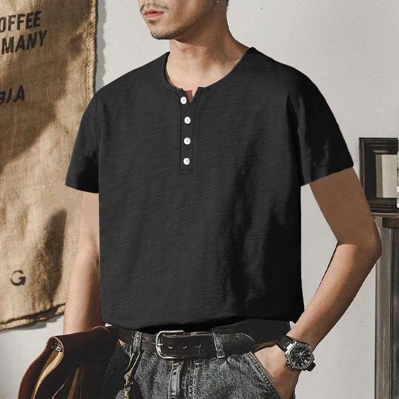 Heavyweight Bamboo Henry Collar Men's T-shirt Short-sleeved Summer Casual American Big Size Solid Colour Men's Button Up Tops