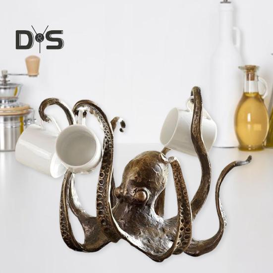 Vintage Octopus Mug Holder Resin Sea Animal Figurine Kitchen Countertop Coffee Cup Organizer Hanger Stand Rack Indoor Outdoor Decoration