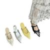 Xiaoxiangfeng bow rhinestone bag head half slippers female outer wear 2025 spring and summer with skirt slope heel fairy cool slippers