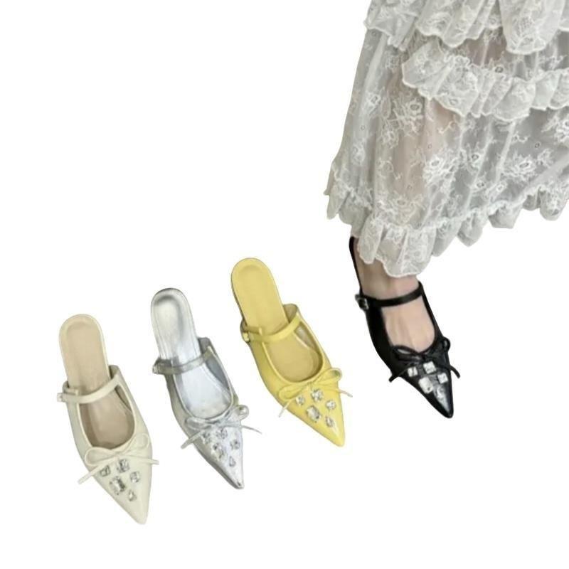 Xiaoxiangfeng bow rhinestone bag head half slippers female outer wear 2025 spring and summer with skirt slope heel fairy cool slippers