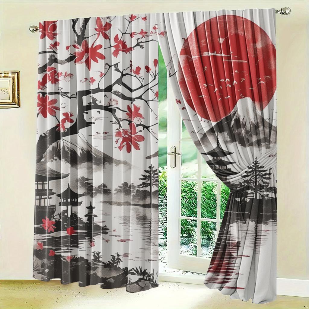 Sakura Dark Curtains Japanese Pagoda Art Print Living Room Bedroom Kitchen Set Of 2 Made Polyester With Rod Pocket Area Decor
