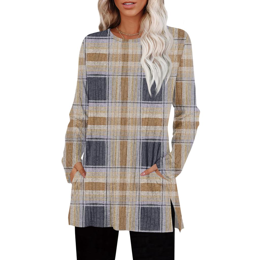 Womens Sweaters Crewneck Long Sleeve Shirts With Pockets Fall Outfits Fashion Winter Clothing Side Slit