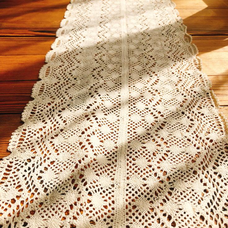 Boho Crochet Lace Polyester Table Runner with Tassels – Woven Rectangular Christmas Holiday Table Decor for Kitchen, Wedding, Dinner